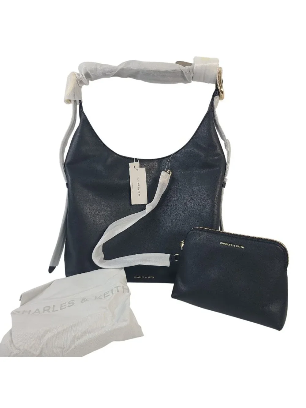 NEW Charles & Keith Aislin Hobo Handbag & Pouch Black Recycled Leather